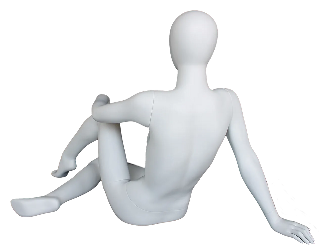 Reclining seated egghead female mannequin in matte white