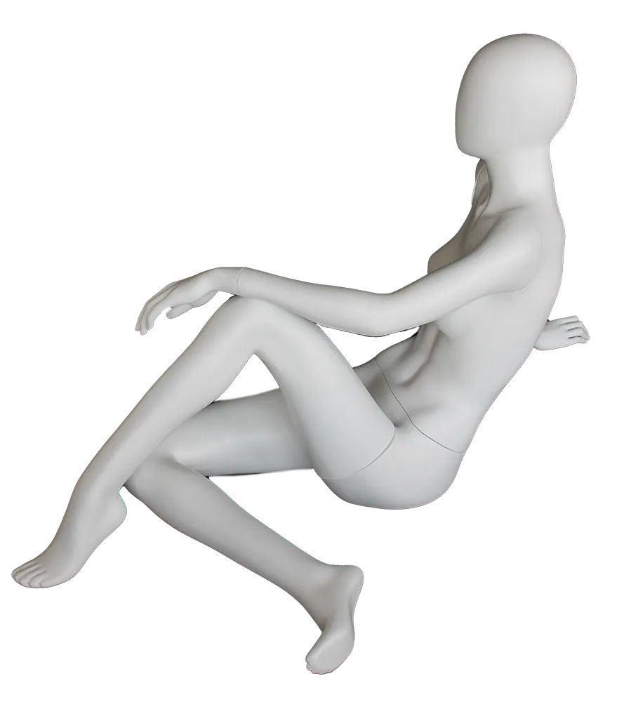 Reclining seated egghead female mannequin in matte white