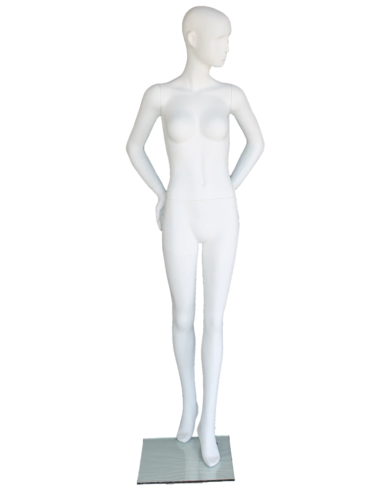 Hands-behind-back abstract female mannequin in matte white, front view