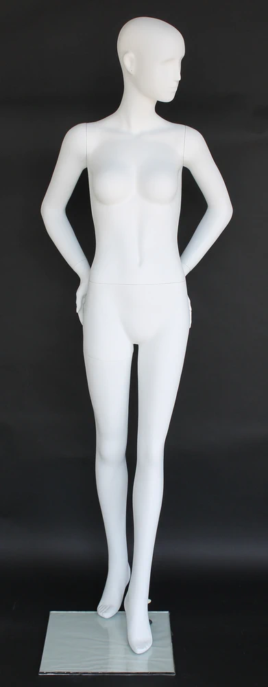 Hands-behind-back abstract female mannequin in matte white