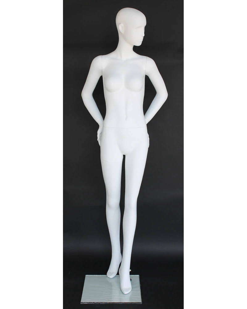 Hands-behind-back abstract female mannequin in matte white
