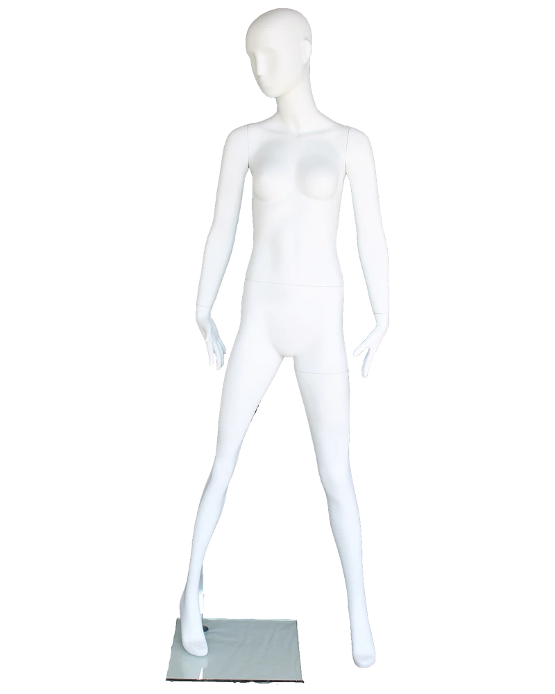 Arms-at-sides abstract female mannequin in matte white, front view