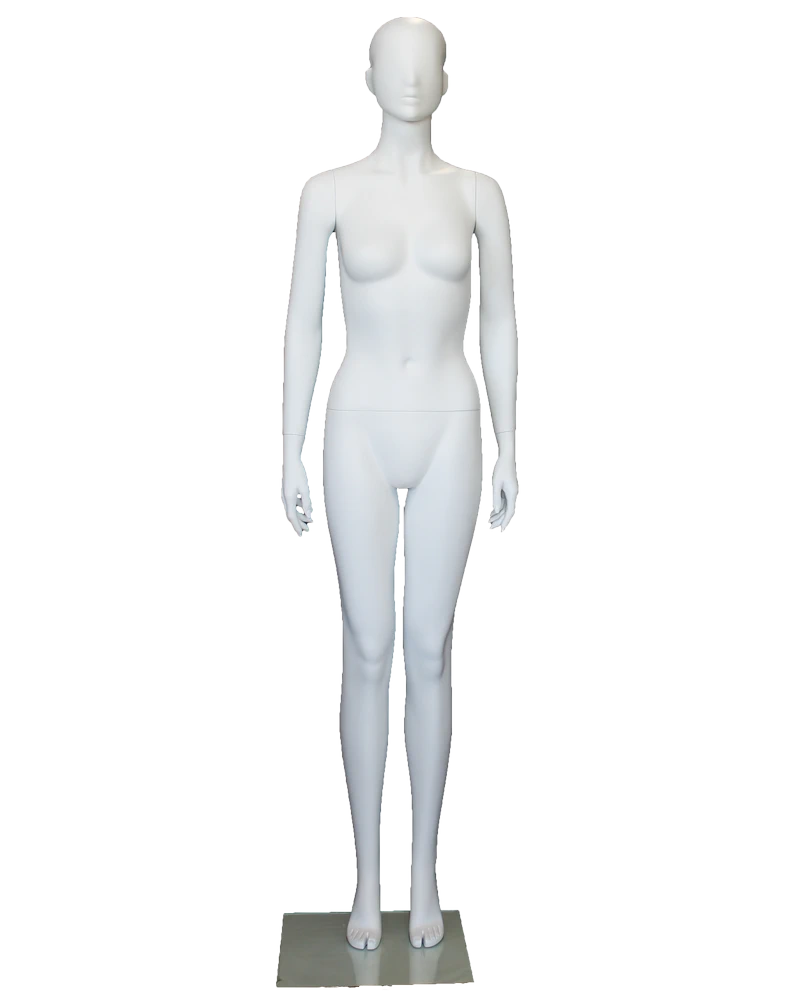 Upright abstract female mannequin in matte white, front view