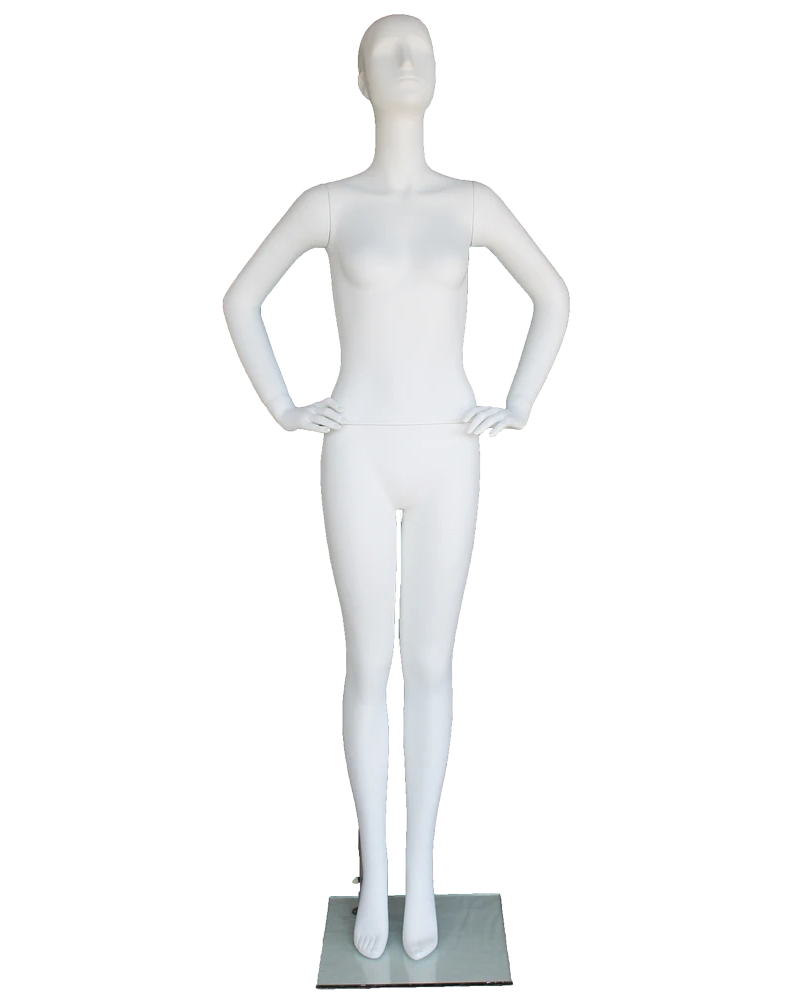 Hand-on-waist abstract female mannequin in matte white, front view