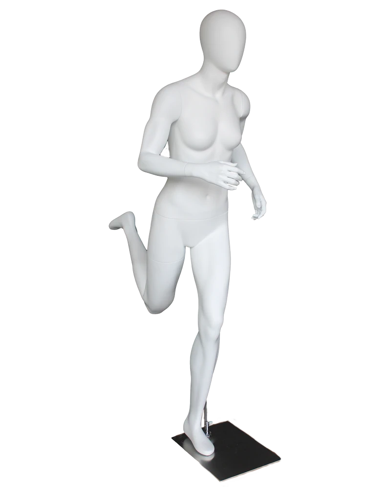 Full-sprint running egghead female mannequin in matte white