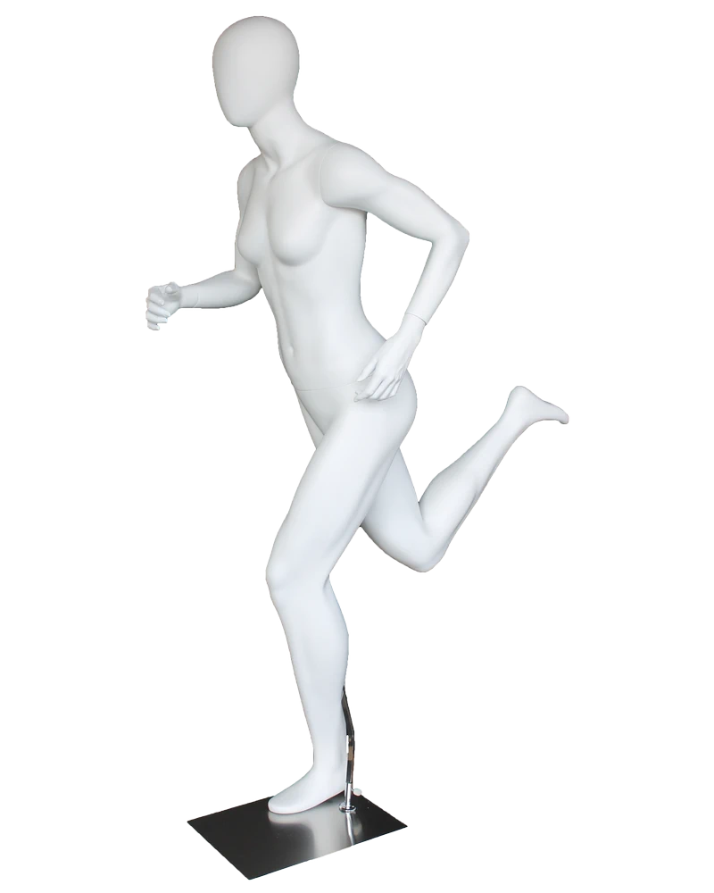 Full-sprint running egghead female mannequin in matte white