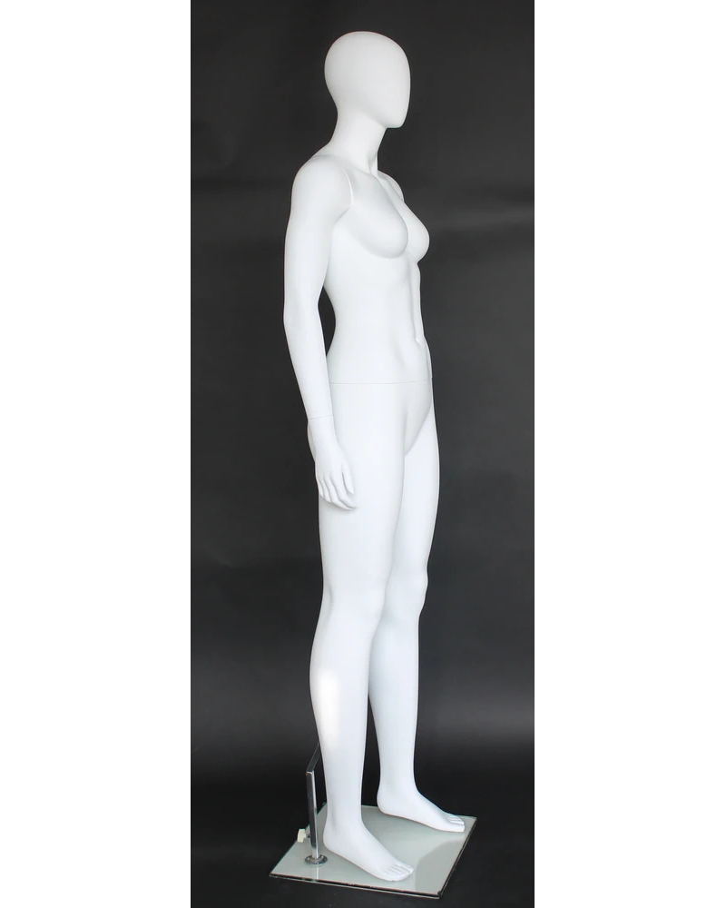 Athletic egghead female mannequin in matte white