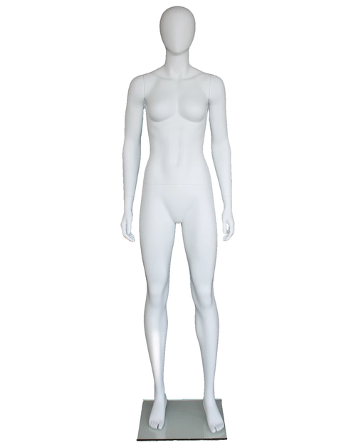 Athletic egghead female mannequin in matte white, front view
