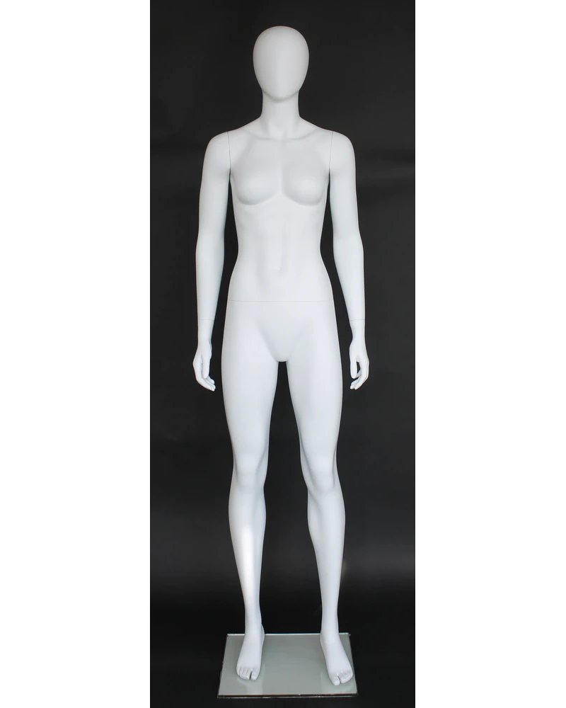 Athletic egghead female mannequin in matte white