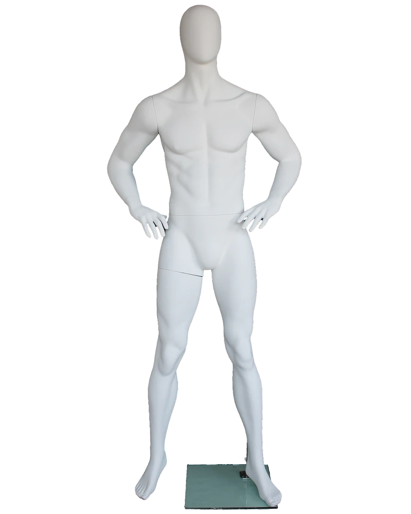 Hands-on-hips athletic egghead male mannequin in matte white, SFM62E-WT