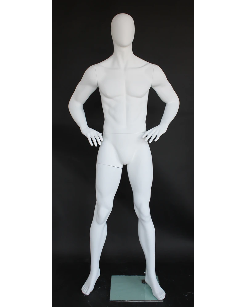 Hands-on-hips athletic egghead male mannequin in matte white, SFM62E-WT