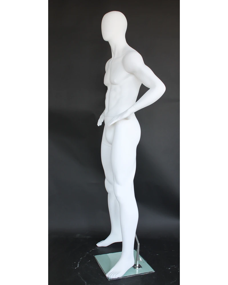 Hands-on-hips athletic egghead male mannequin in matte white, SFM62E-WT