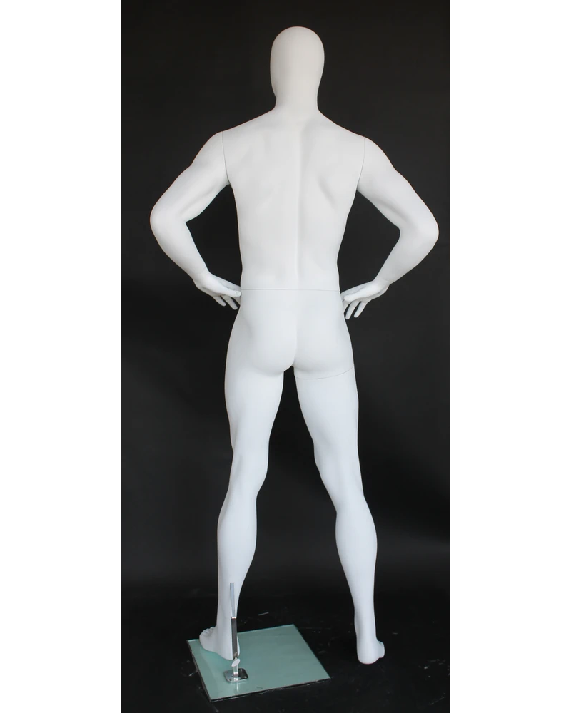 Hands-on-hips athletic egghead male mannequin in matte white, SFM62E-WT