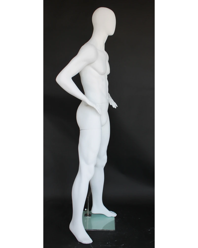 Hands-on-hips athletic egghead male mannequin in matte white, SFM62E-WT