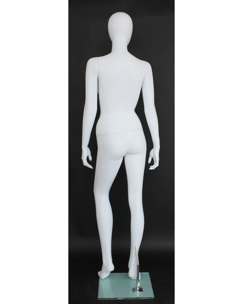 Right-leg-forward egghead female mannequin in matte white