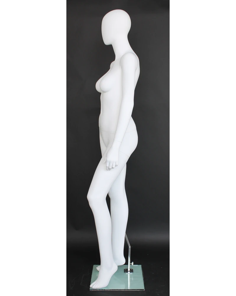Right-leg-forward egghead female mannequin in matte white