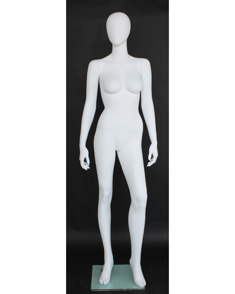 Right-leg-forward egghead female mannequin in matte white