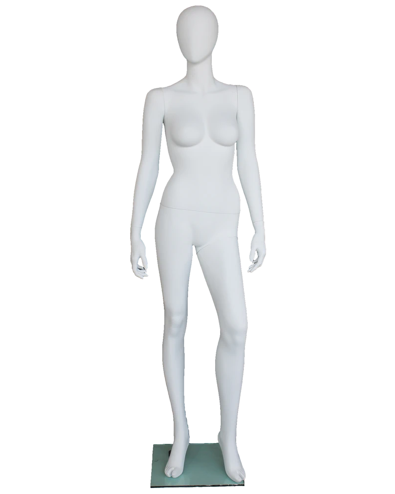 Right-leg-forward egghead female mannequin in matte white, front view
