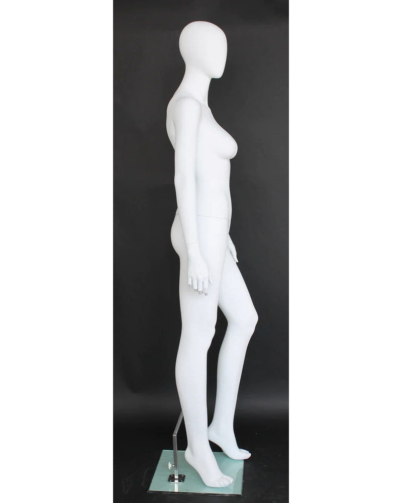 Right-leg-forward egghead female mannequin in matte white