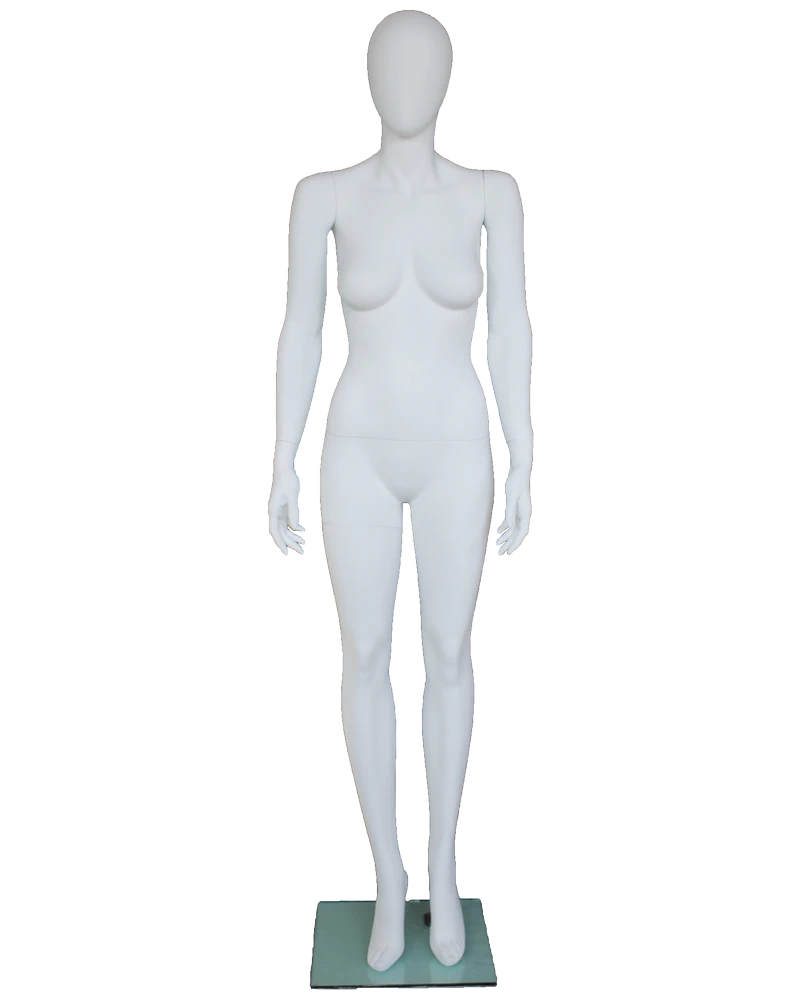 Classic straight-pose egghead female mannequin in matte white, front view