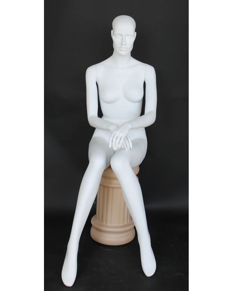 Featured-face sitting female mannequin with hands in front in matte white, SFW42-WT