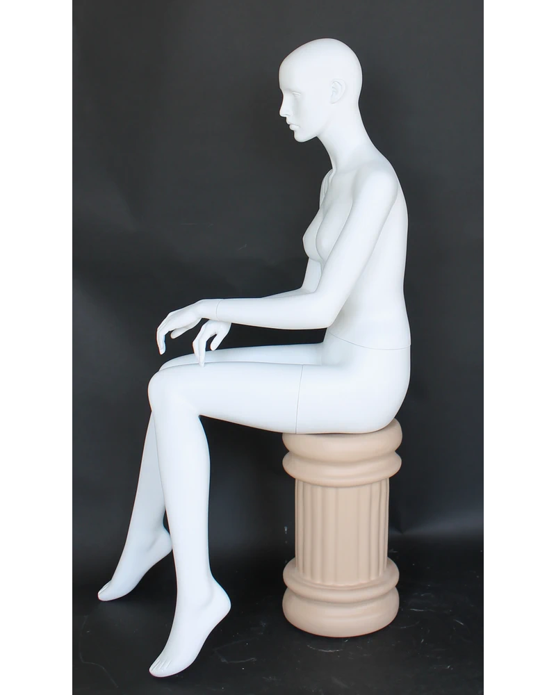 Featured-face sitting female mannequin with hands in front in matte white, SFW42-WT