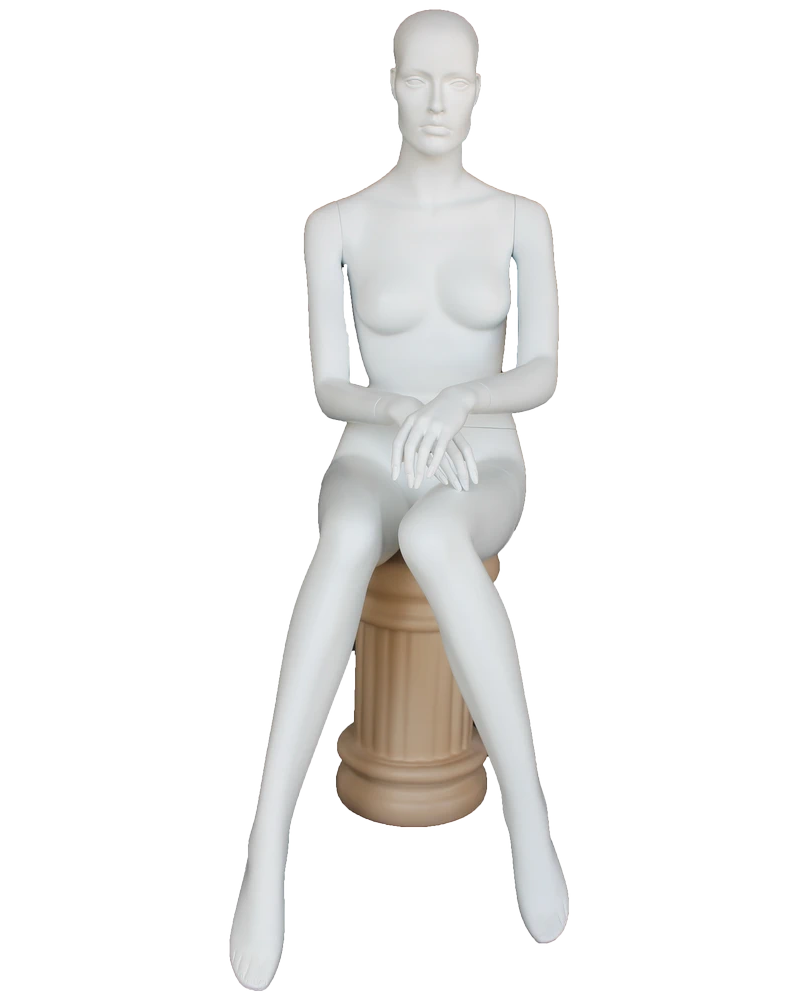 Featured-face sitting female mannequin with hands in front in matte white, SFW42-WT