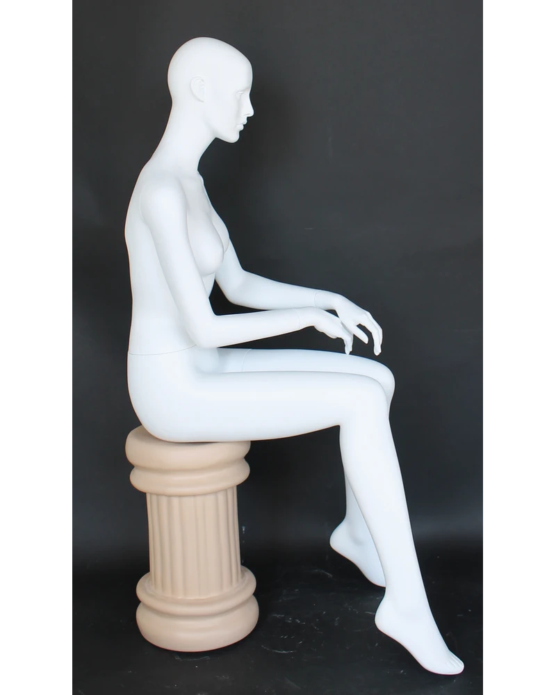 Featured-face sitting female mannequin with hands in front in matte white, SFW42-WT