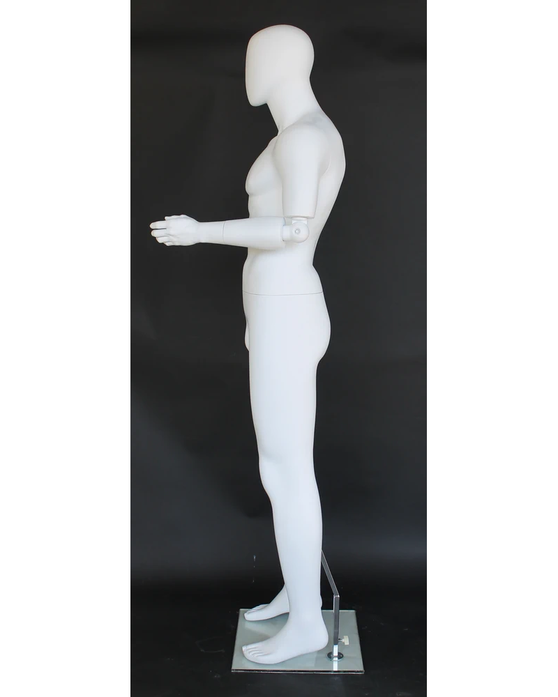 Bendable-arm standing egghead male mannequin in matte white, SFM38E-WT