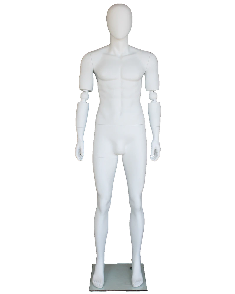Bendable-arm standing egghead male mannequin in matte white, SFM38E-WT
