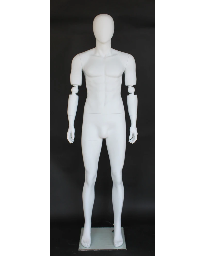 Bendable-arm standing egghead male mannequin in matte white, SFM38E-WT