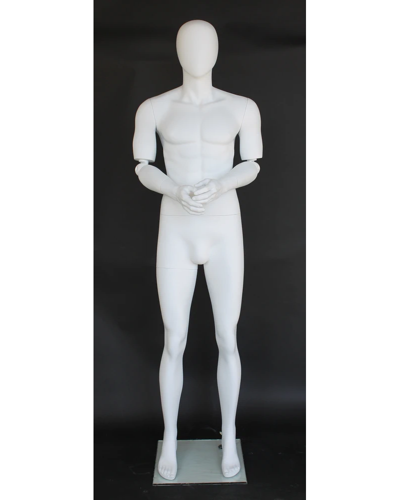 Bendable-arm standing egghead male mannequin in matte white, SFM38E-WT