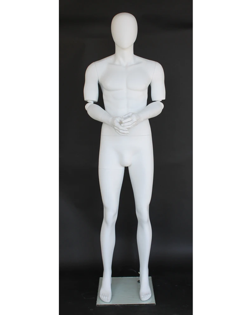 Bendable-arm standing egghead male mannequin in matte white, SFM38E-WT