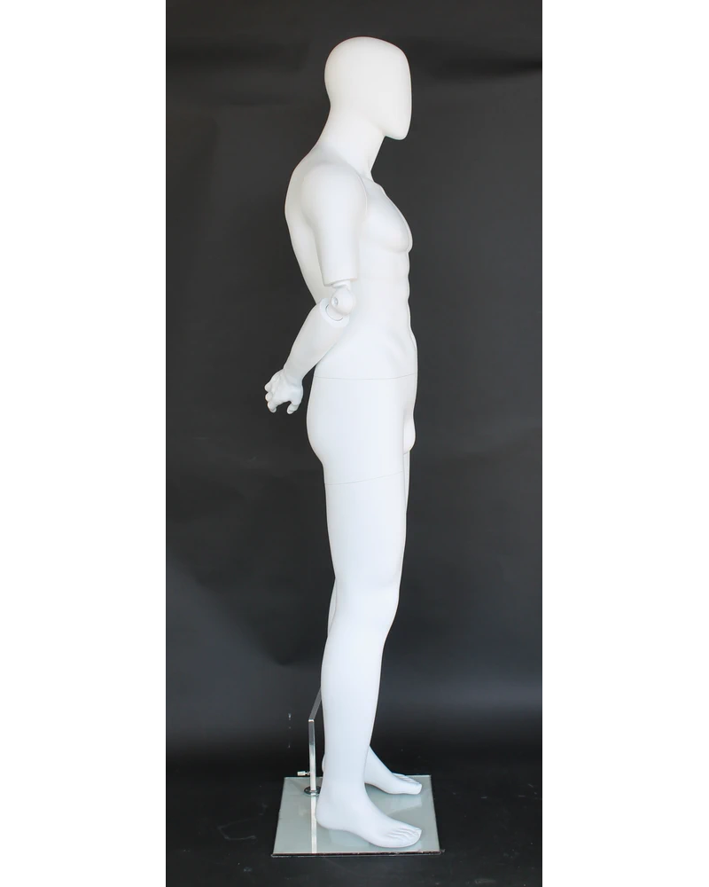 Bendable-arm standing egghead male mannequin in matte white, SFM38E-WT