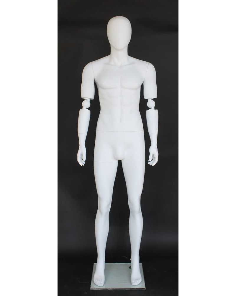 Bendable-arm standing egghead male mannequin in matte white, SFM38E-WT
