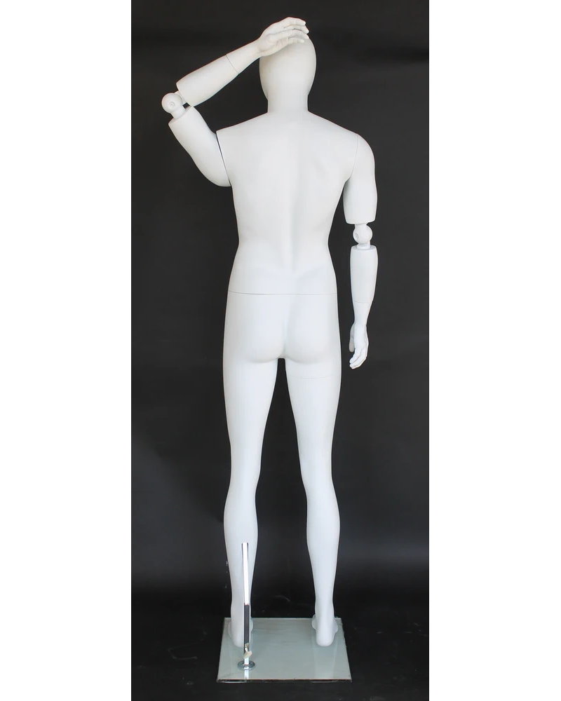 Bendable-arm standing egghead male mannequin in matte white, SFM38E-WT