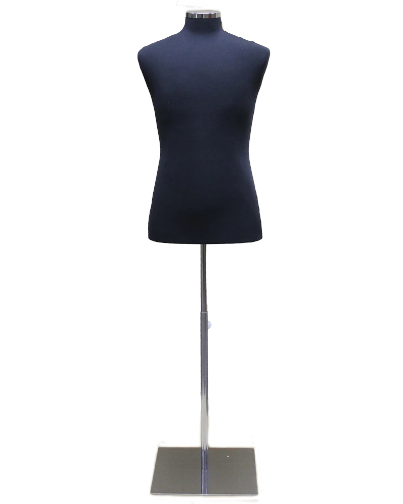 Size M male dress form with metal base in black jersey