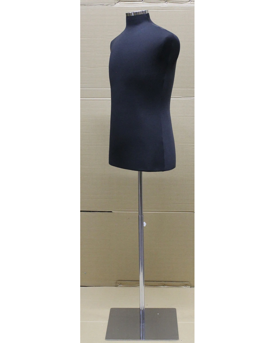 Size M male dress form with metal base in black jersey