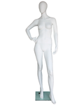 Chic hand-on-hip egghead female mannequin in matte white, front view