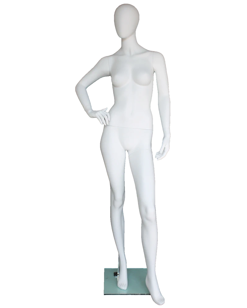 Chic hand-on-hip egghead female mannequin in matte white, front view