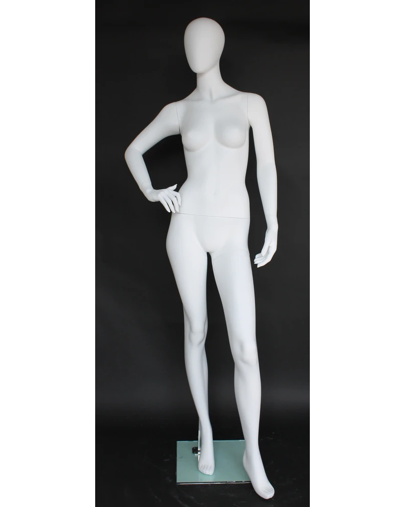 Chic hand-on-hip egghead female mannequin in matte white