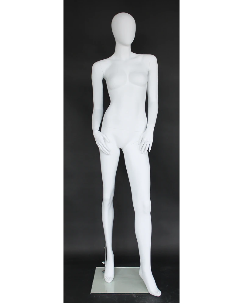 Hands-on-thighs egghead female mannequin in matte white