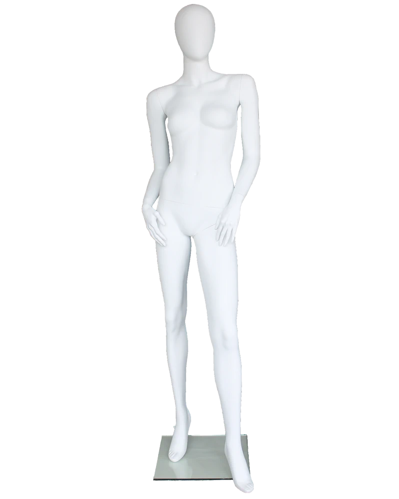 Hands-on-thighs egghead female mannequin in matte white, front view