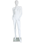Hands-on-thighs egghead female mannequin in matte white, front view
