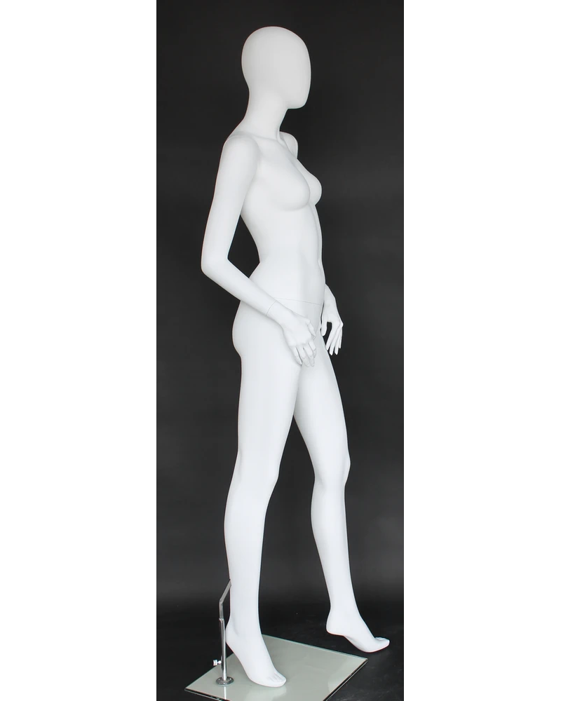 Hands-on-thighs egghead female mannequin in matte white