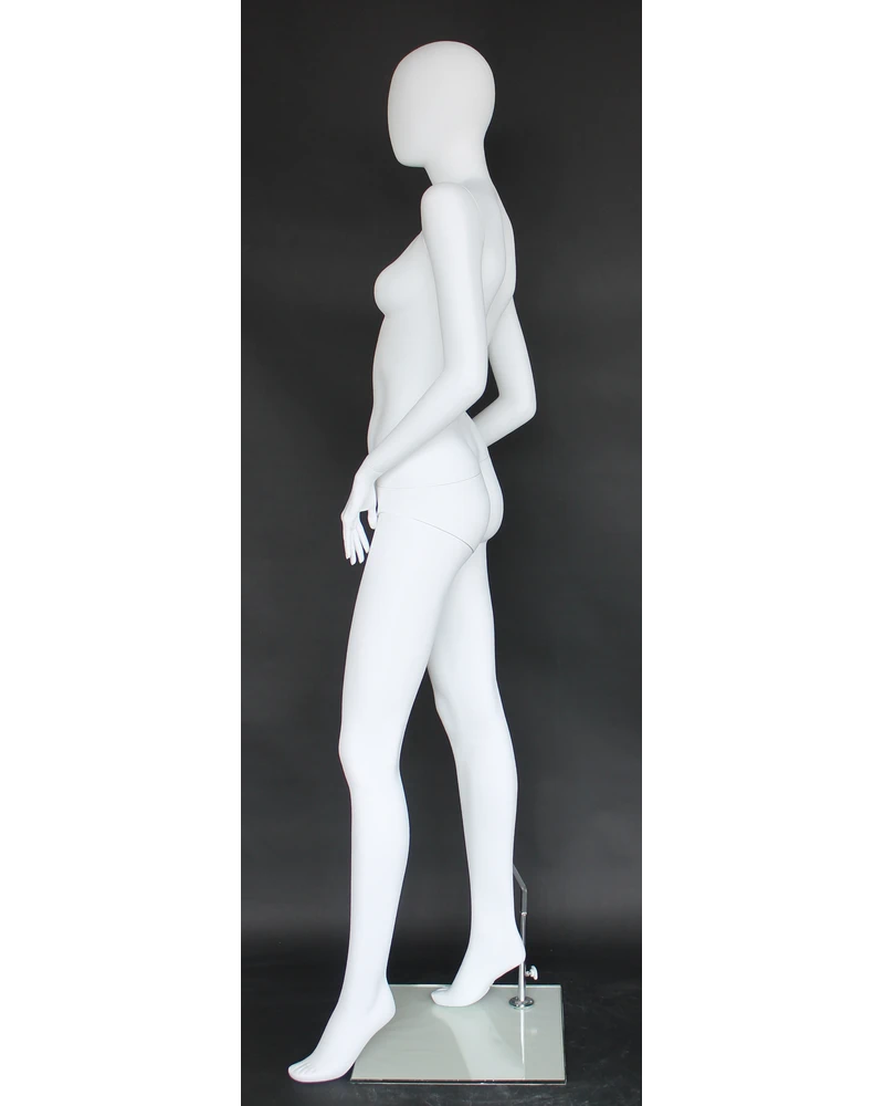 Hands-on-thighs egghead female mannequin in matte white