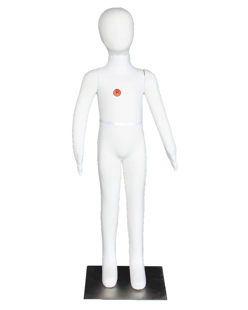 Jersey-covered child mannequin with bendable arms and metal base in cream, ages 6 to 7, CJ-6