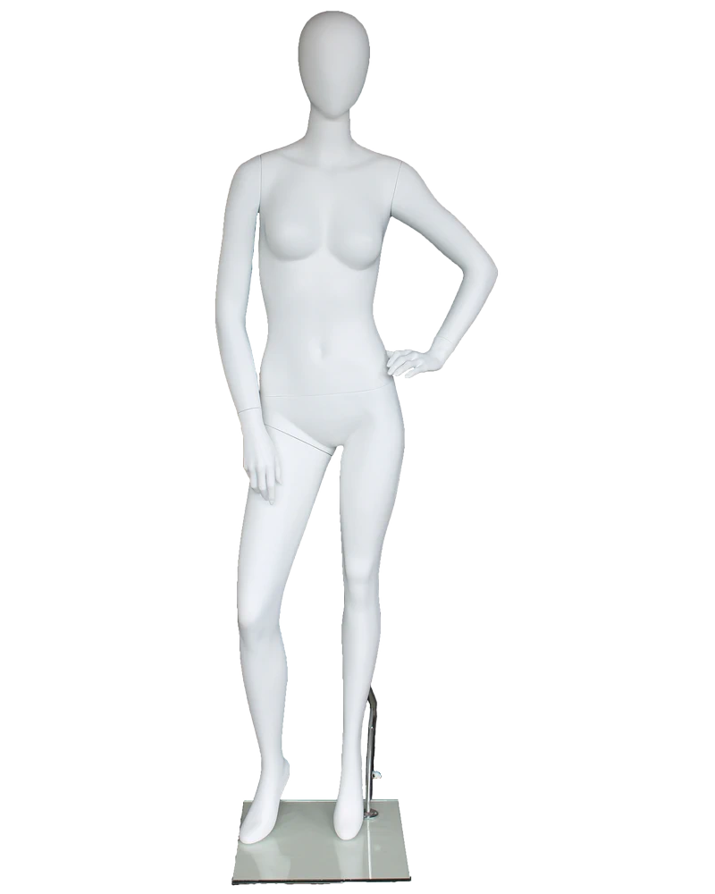 Relaxed hand-on-hip egghead female mannequin in matte white, front view