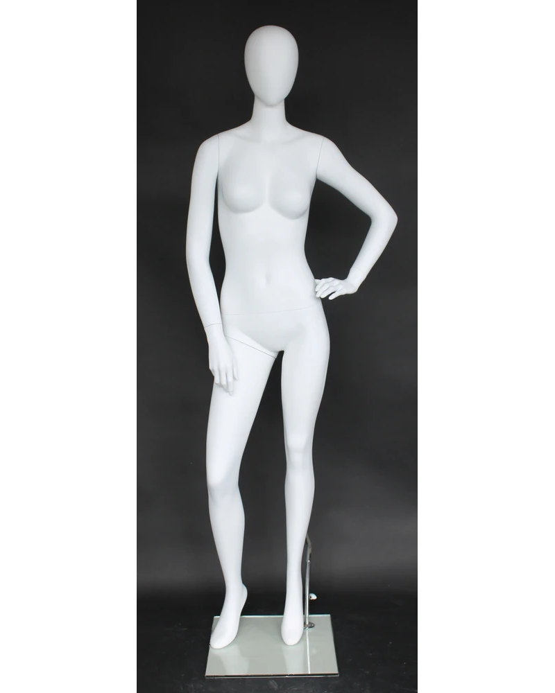 Relaxed hand-on-hip egghead female mannequin in matte white