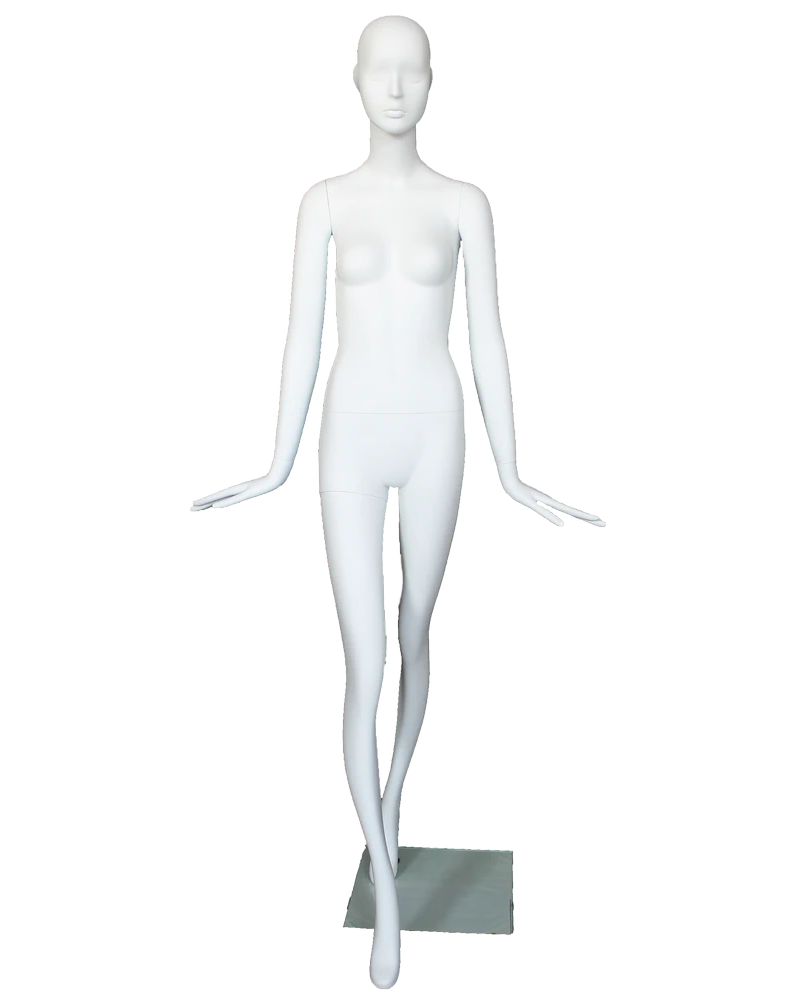 Forward-step abstract female mannequin in matte white, front view